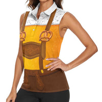 Traditional German Costume - Lederhosen and Soft Pretzel Women Sleeveless Polo Shirt Oktoberfest Beer Head Funny Style