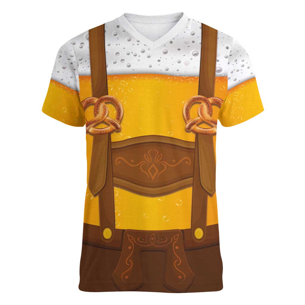 Traditional German Costume - Lederhosen and Soft Pretzel Women V-Neck T-Shirt Oktoberfest Beer Head Funny Style