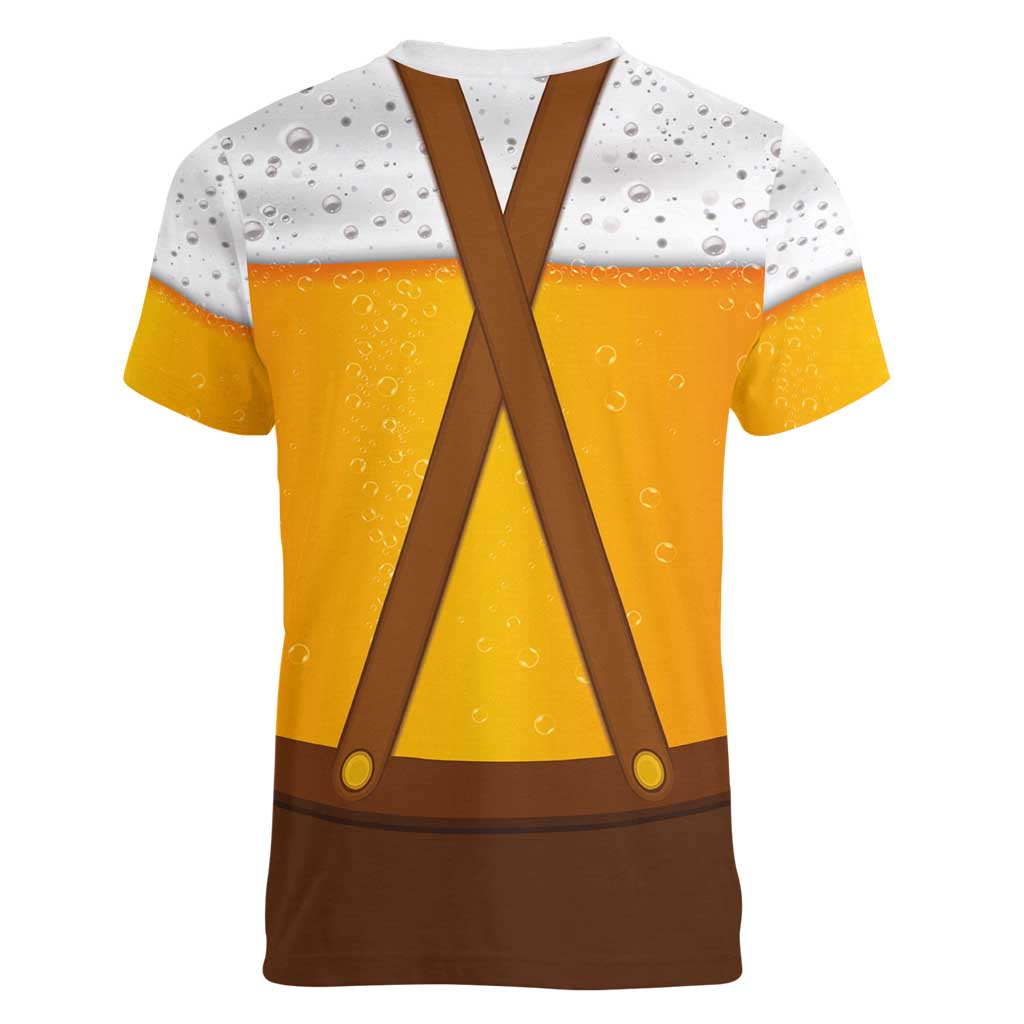 Traditional German Costume - Lederhosen and Soft Pretzel Women V-Neck T-Shirt Oktoberfest Beer Head Funny Style