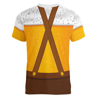Traditional German Costume - Lederhosen and Soft Pretzel Women V-Neck T-Shirt Oktoberfest Beer Head Funny Style