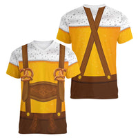 Traditional German Costume - Lederhosen and Soft Pretzel Women V-Neck T-Shirt Oktoberfest Beer Head Funny Style