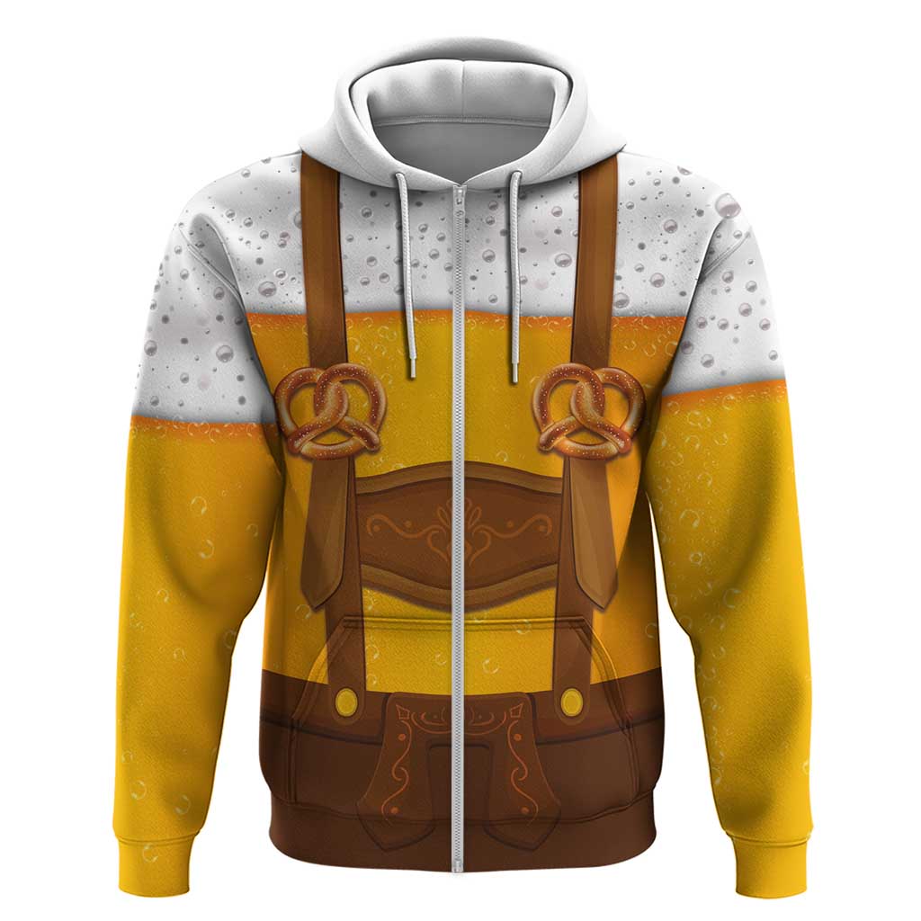 Traditional German Costume - Lederhosen and Soft Pretzel Zip Hoodie Oktoberfest Beer Head Funny Style
