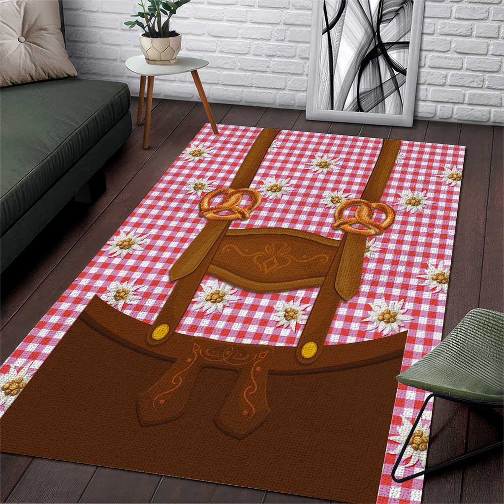 Traditional German Costume - Lederhosen and Soft Pretzel Area Rug Blue Plaid Pattern with Edelweiss Flowers