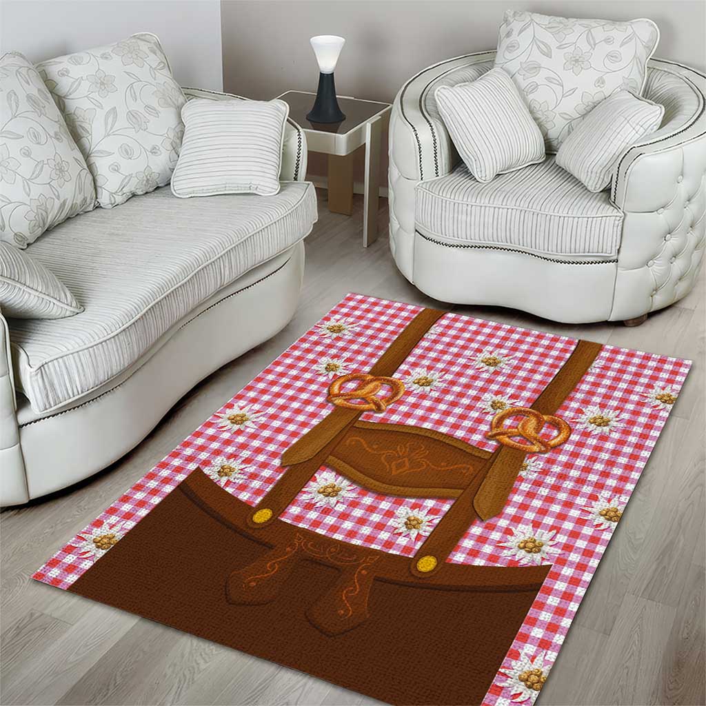 Traditional German Costume - Lederhosen and Soft Pretzel Area Rug Blue Plaid Pattern with Edelweiss Flowers
