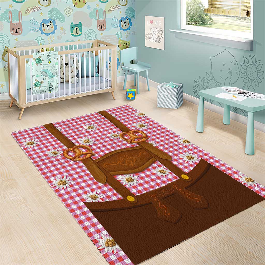 Traditional German Costume - Lederhosen and Soft Pretzel Area Rug Blue Plaid Pattern with Edelweiss Flowers