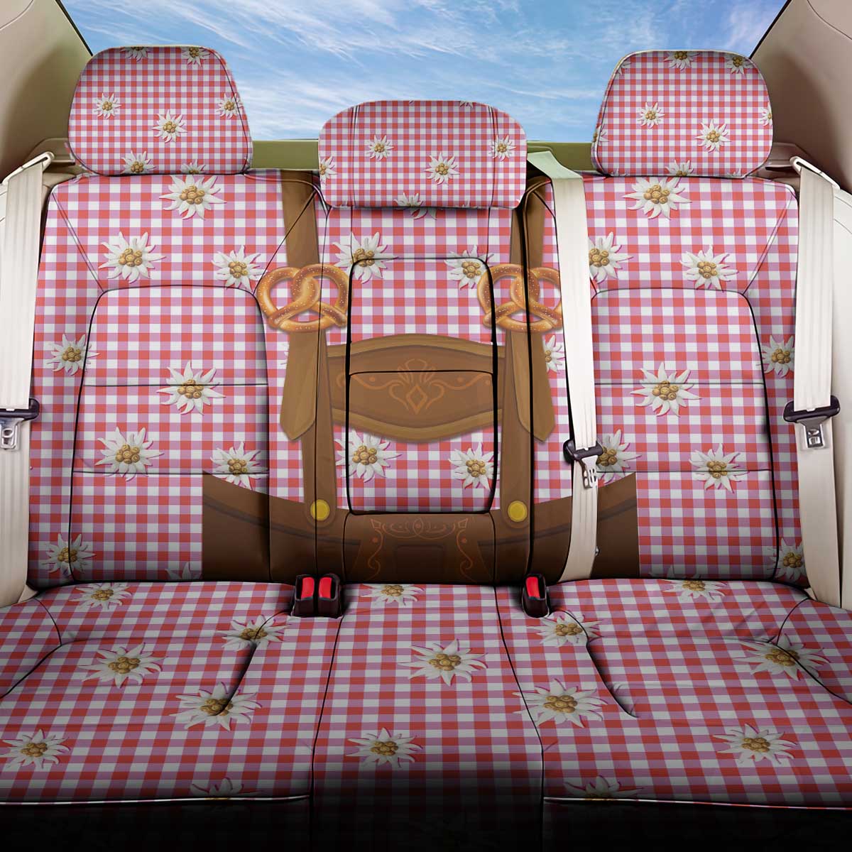 Traditional German Costume - Lederhosen and Soft Pretzel Back Car Seat Cover Blue Plaid Pattern with Edelweiss Flowers