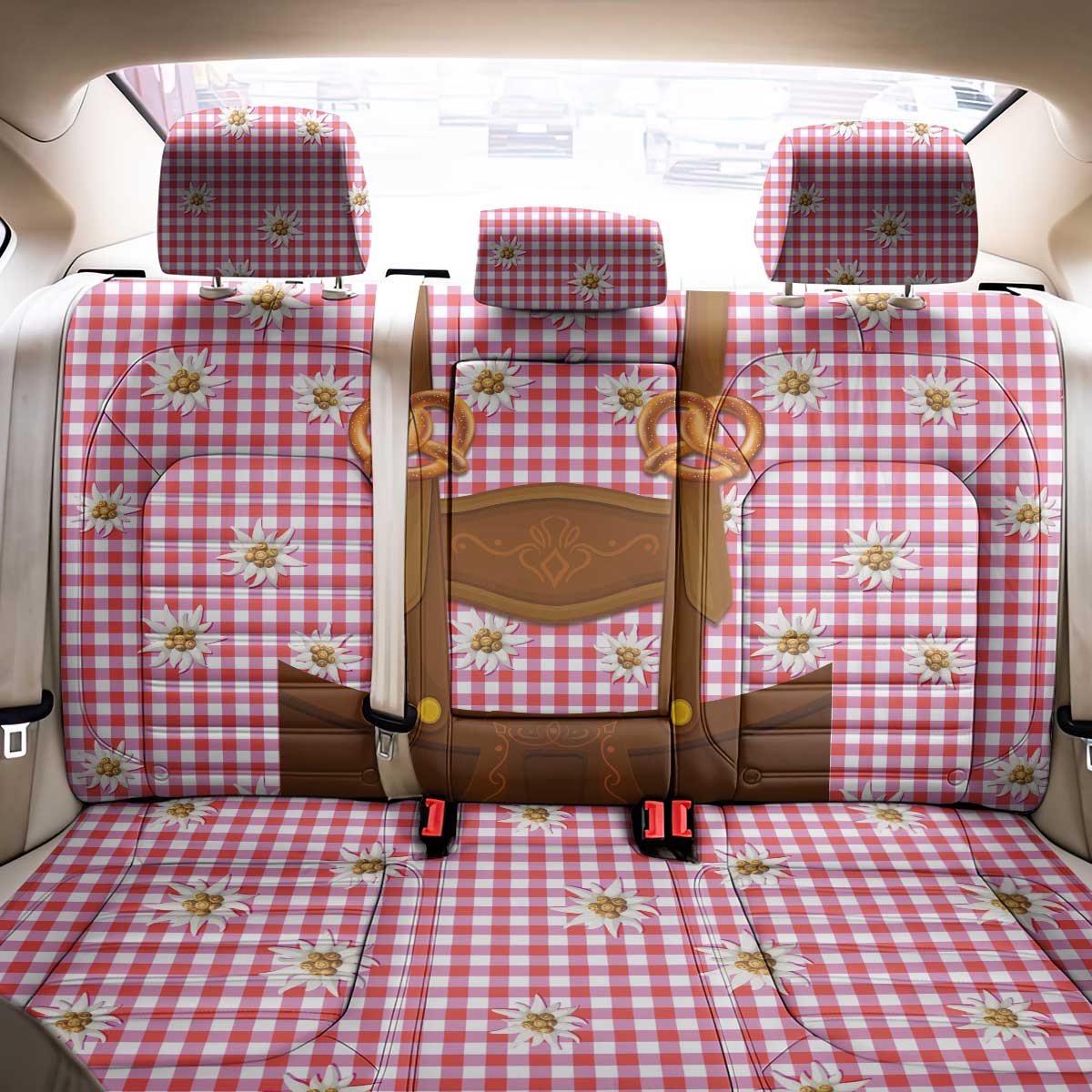 Traditional German Costume - Lederhosen and Soft Pretzel Back Car Seat Cover Blue Plaid Pattern with Edelweiss Flowers
