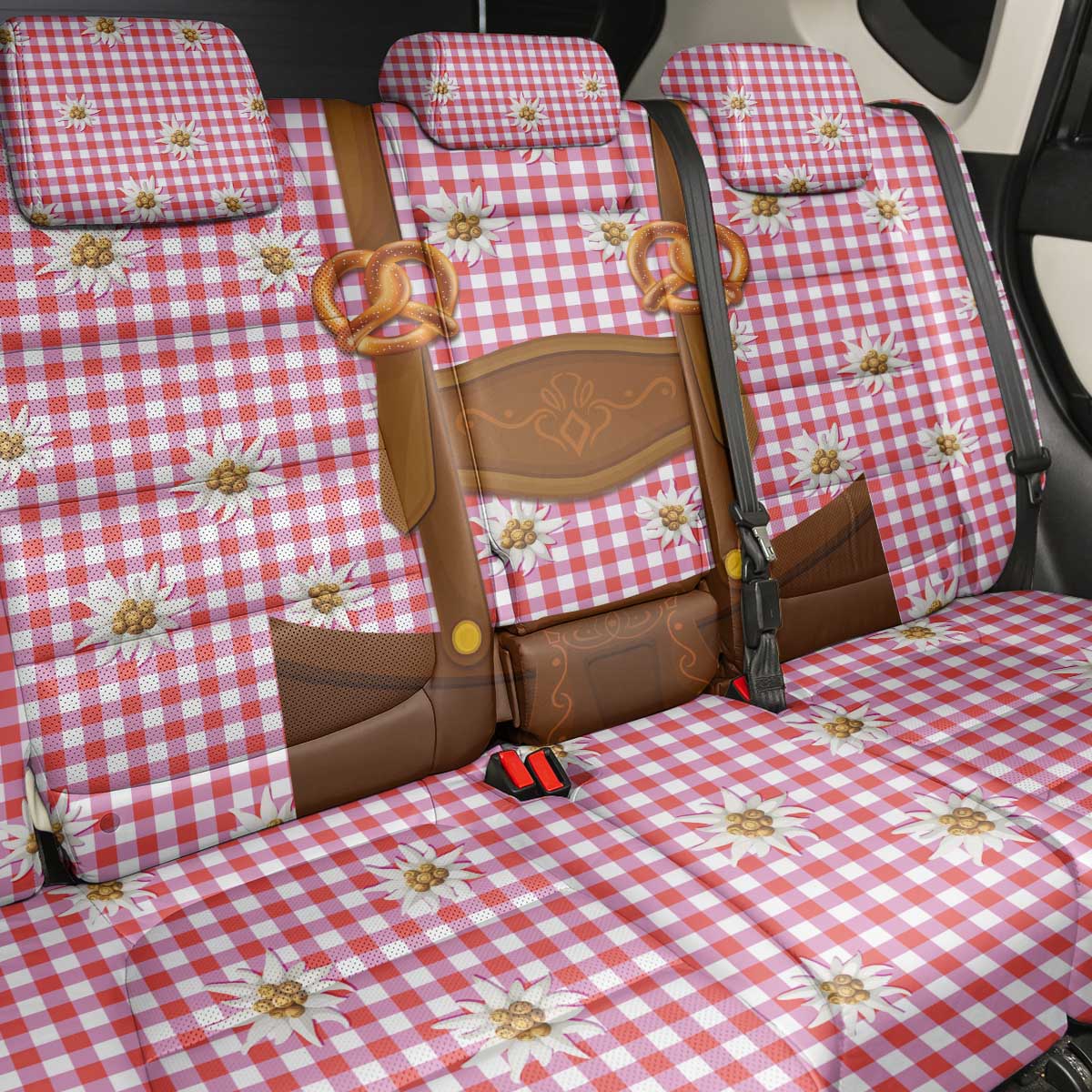 Traditional German Costume - Lederhosen and Soft Pretzel Back Car Seat Cover Blue Plaid Pattern with Edelweiss Flowers