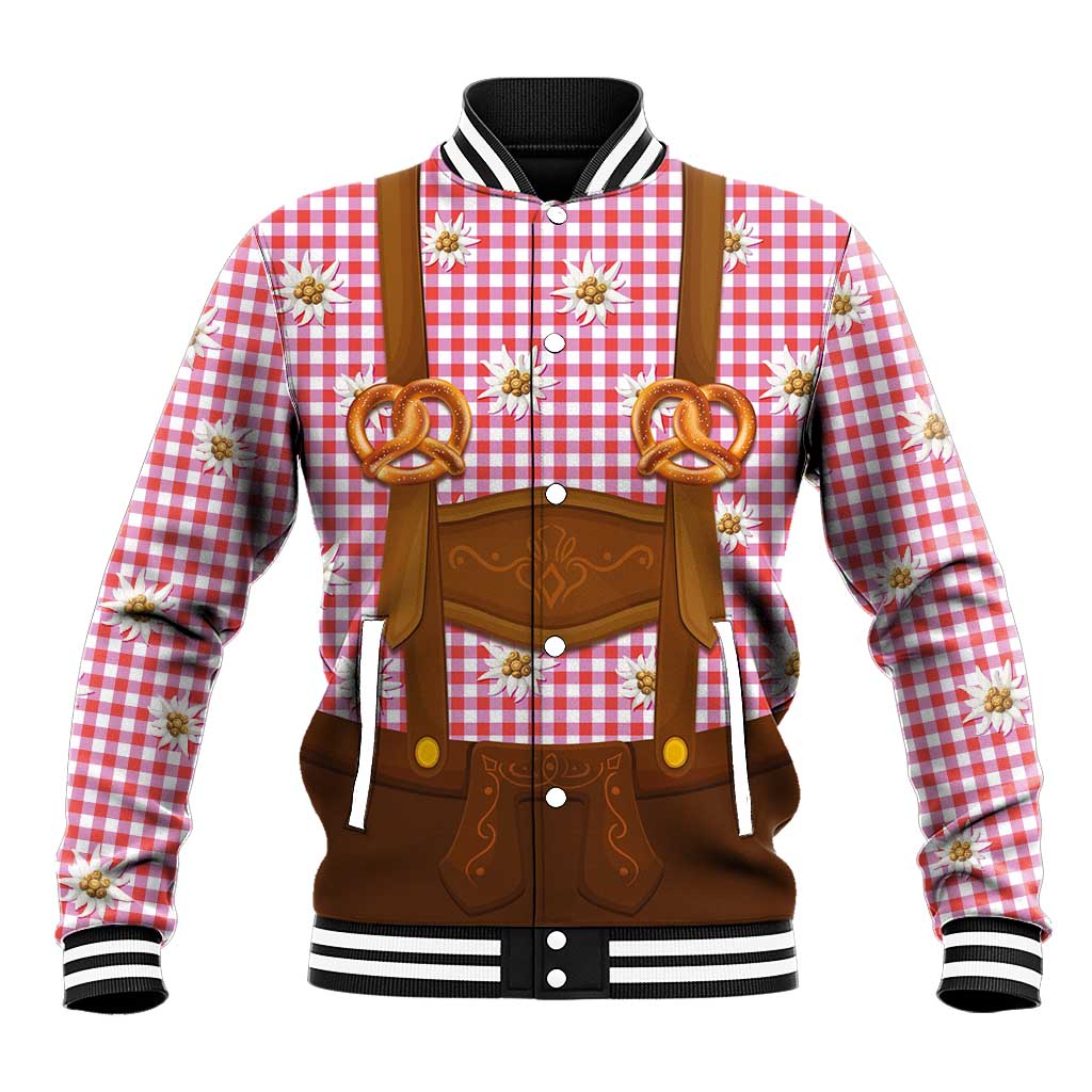 Traditional German Costume - Lederhosen and Soft Pretzel Baseball Jacket Blue Plaid Pattern with Edelweiss Flowers