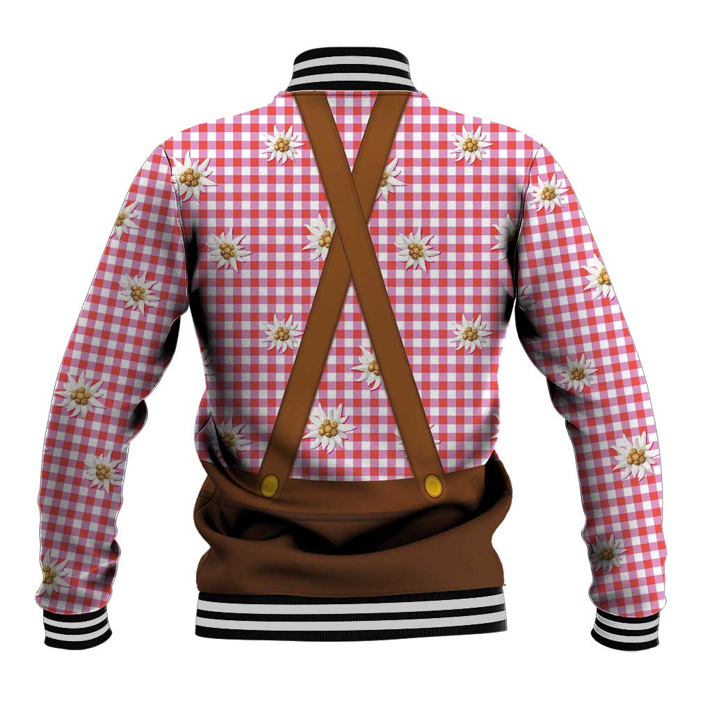 Traditional German Costume - Lederhosen and Soft Pretzel Baseball Jacket Blue Plaid Pattern with Edelweiss Flowers