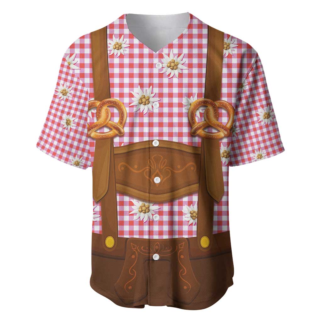 Traditional German Costume - Lederhosen and Soft Pretzel Baseball Jersey Blue Plaid Pattern with Edelweiss Flowers