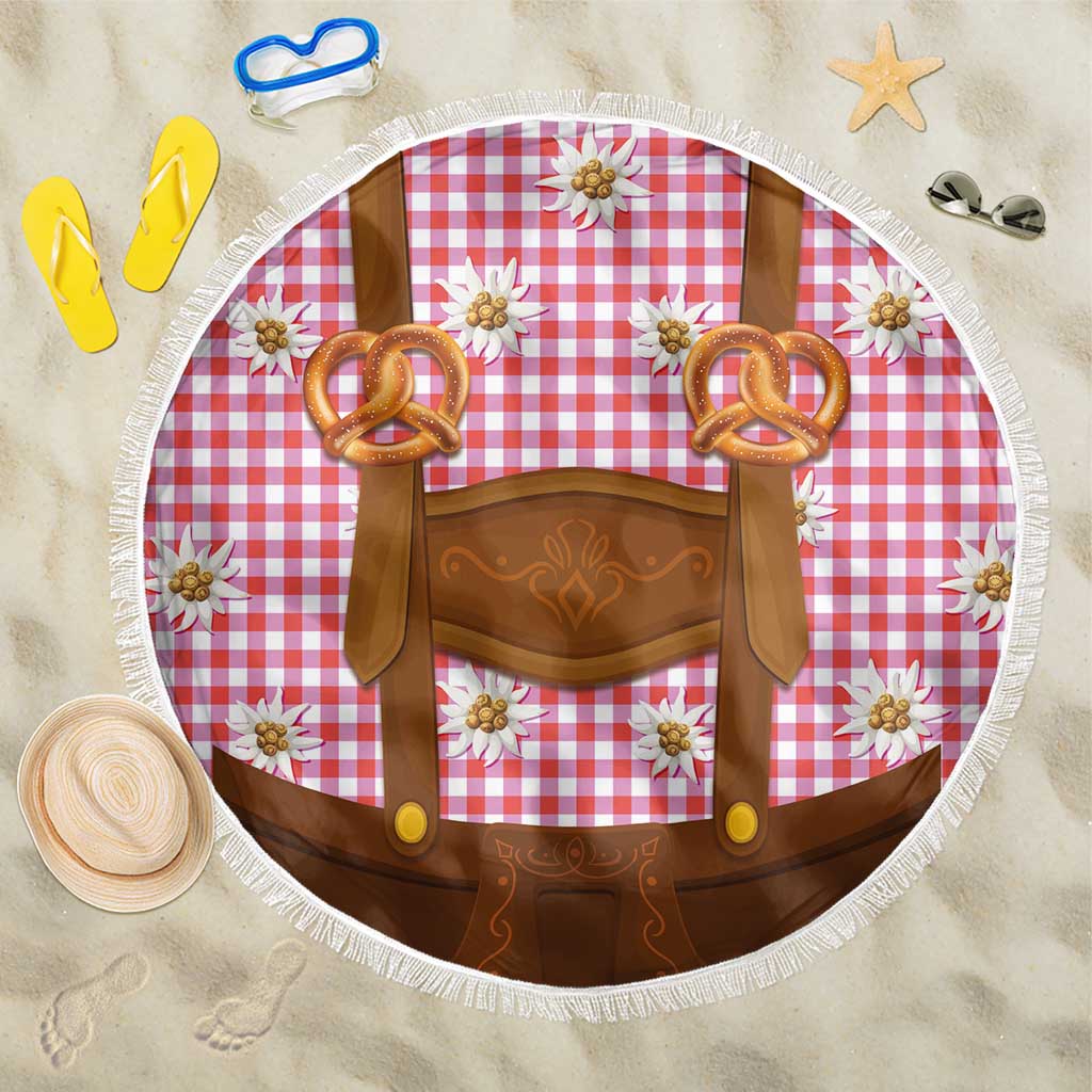 Traditional German Costume - Lederhosen and Soft Pretzel Beach Blanket Blue Plaid Pattern with Edelweiss Flowers