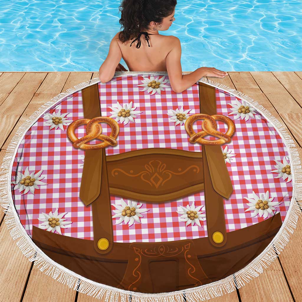 Traditional German Costume - Lederhosen and Soft Pretzel Beach Blanket Blue Plaid Pattern with Edelweiss Flowers
