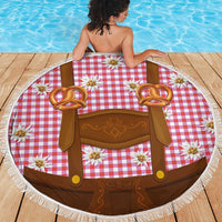Traditional German Costume - Lederhosen and Soft Pretzel Beach Blanket Blue Plaid Pattern with Edelweiss Flowers