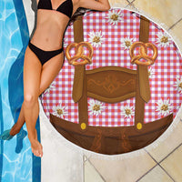 Traditional German Costume - Lederhosen and Soft Pretzel Beach Blanket Blue Plaid Pattern with Edelweiss Flowers