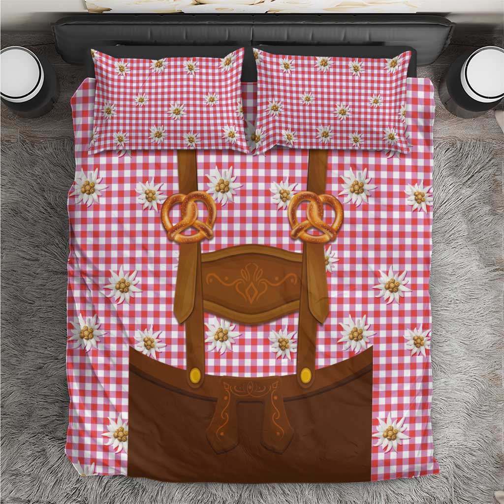 Traditional German Costume - Lederhosen and Soft Pretzel Bedding Set Blue Plaid Pattern with Edelweiss Flowers