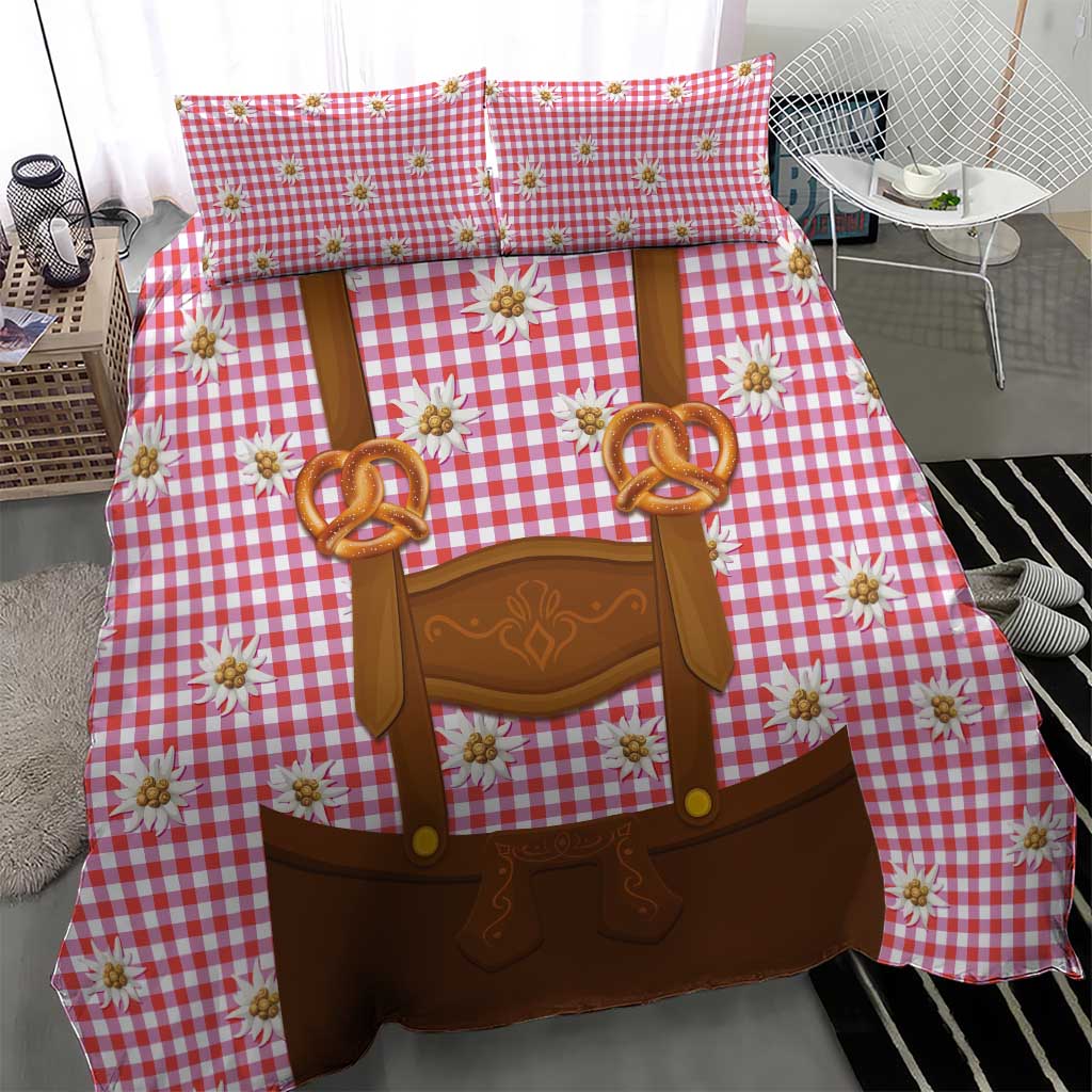 Traditional German Costume - Lederhosen and Soft Pretzel Bedding Set Blue Plaid Pattern with Edelweiss Flowers