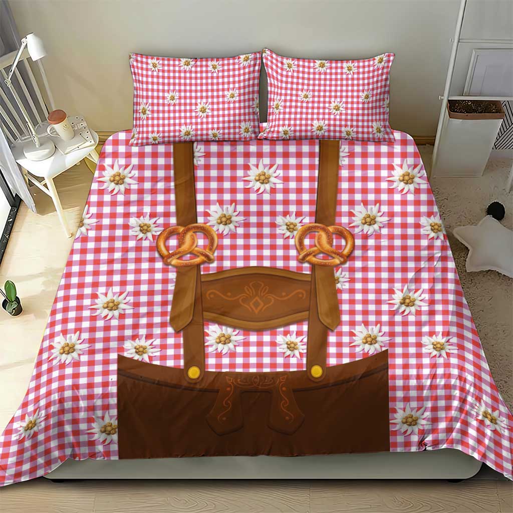 Traditional German Costume - Lederhosen and Soft Pretzel Bedding Set Blue Plaid Pattern with Edelweiss Flowers