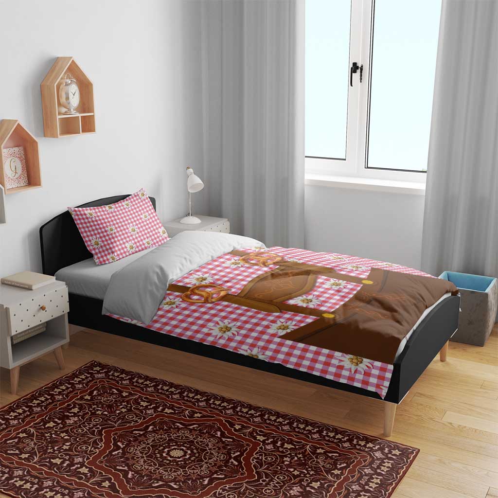 Traditional German Costume - Lederhosen and Soft Pretzel Bedding Set Blue Plaid Pattern with Edelweiss Flowers