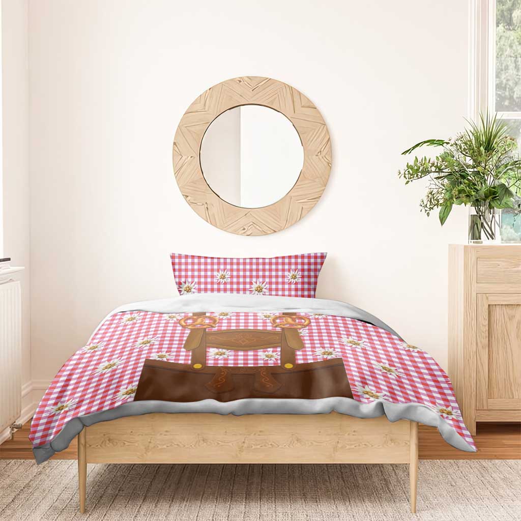 Traditional German Costume - Lederhosen and Soft Pretzel Bedding Set Blue Plaid Pattern with Edelweiss Flowers