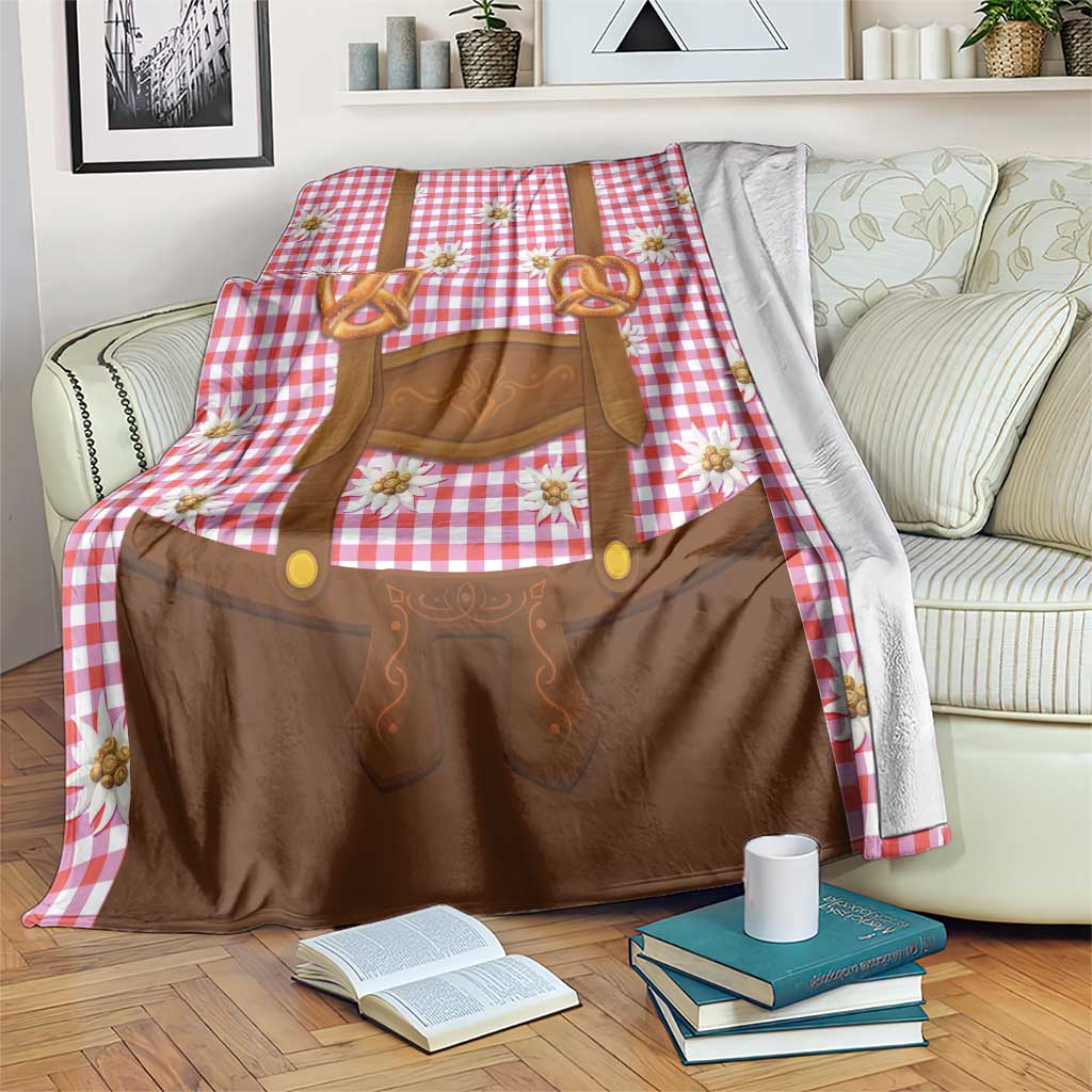 Traditional German Costume - Lederhosen and Soft Pretzel Blanket Blue Plaid Pattern with Edelweiss Flowers