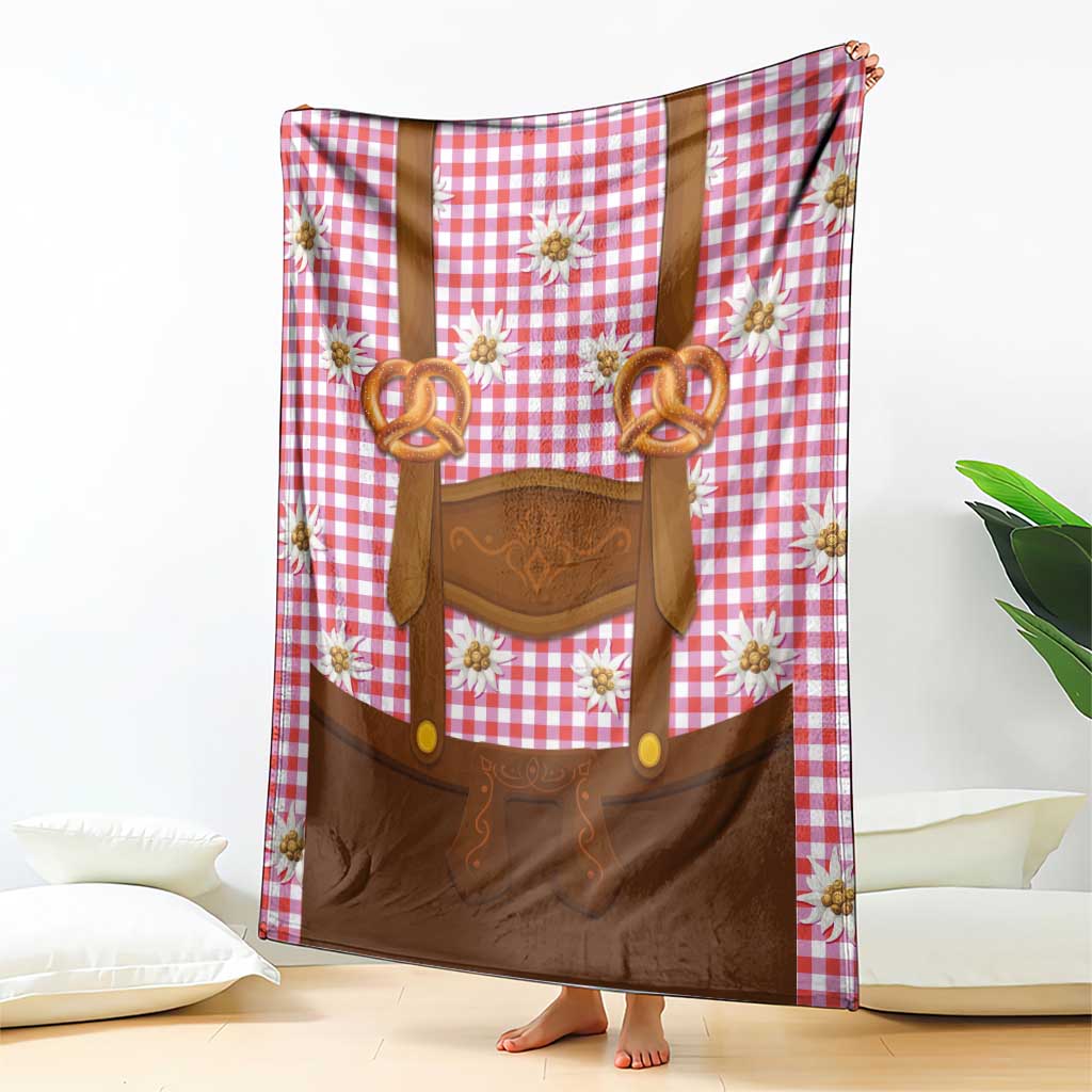 Traditional German Costume - Lederhosen and Soft Pretzel Blanket Blue Plaid Pattern with Edelweiss Flowers