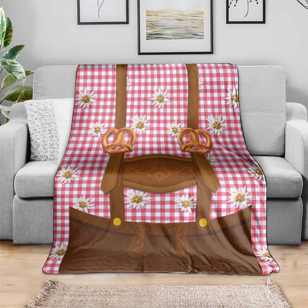 Traditional German Costume - Lederhosen and Soft Pretzel Blanket Blue Plaid Pattern with Edelweiss Flowers