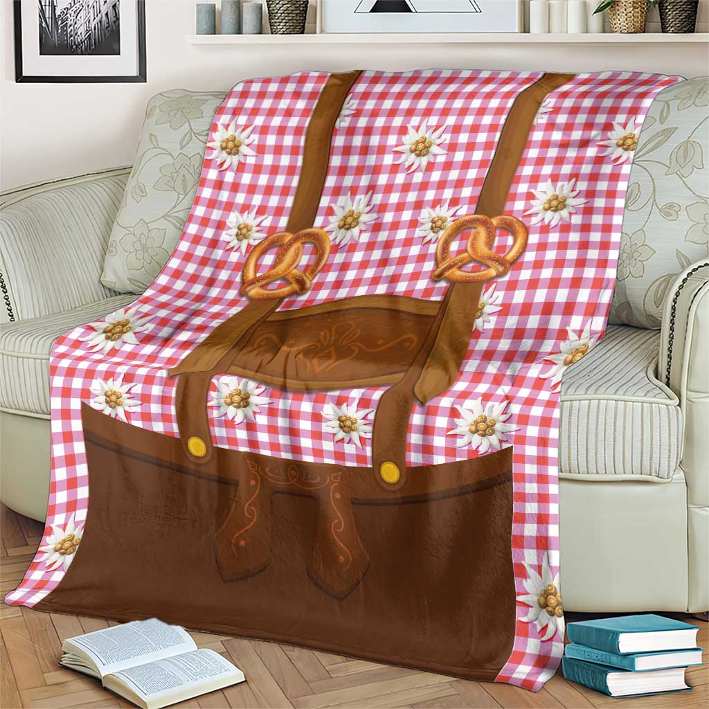 Traditional German Costume - Lederhosen and Soft Pretzel Blanket Blue Plaid Pattern with Edelweiss Flowers