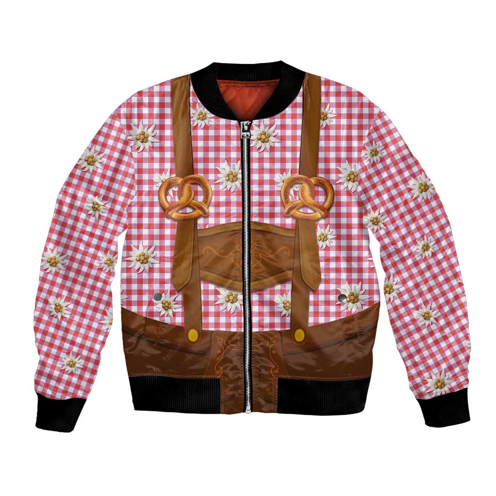 Traditional German Costume - Lederhosen and Soft Pretzel Bomber Jacket Blue Plaid Pattern with Edelweiss Flowers
