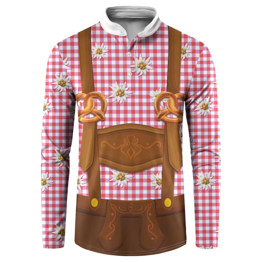 Traditional German Costume - Lederhosen and Soft Pretzel Button Sweatshirt Blue Plaid Pattern with Edelweiss Flowers