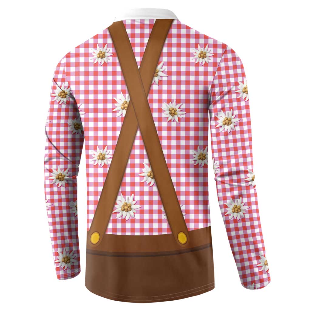 Traditional German Costume - Lederhosen and Soft Pretzel Button Sweatshirt Blue Plaid Pattern with Edelweiss Flowers