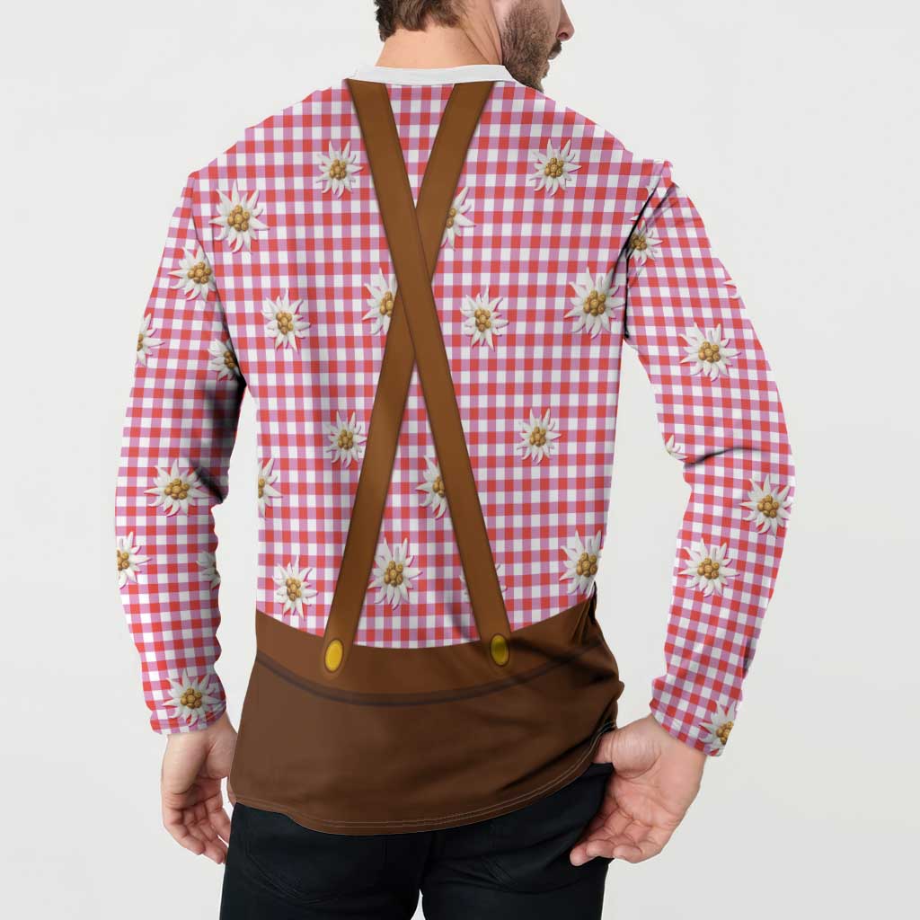 Traditional German Costume - Lederhosen and Soft Pretzel Button Sweatshirt Blue Plaid Pattern with Edelweiss Flowers