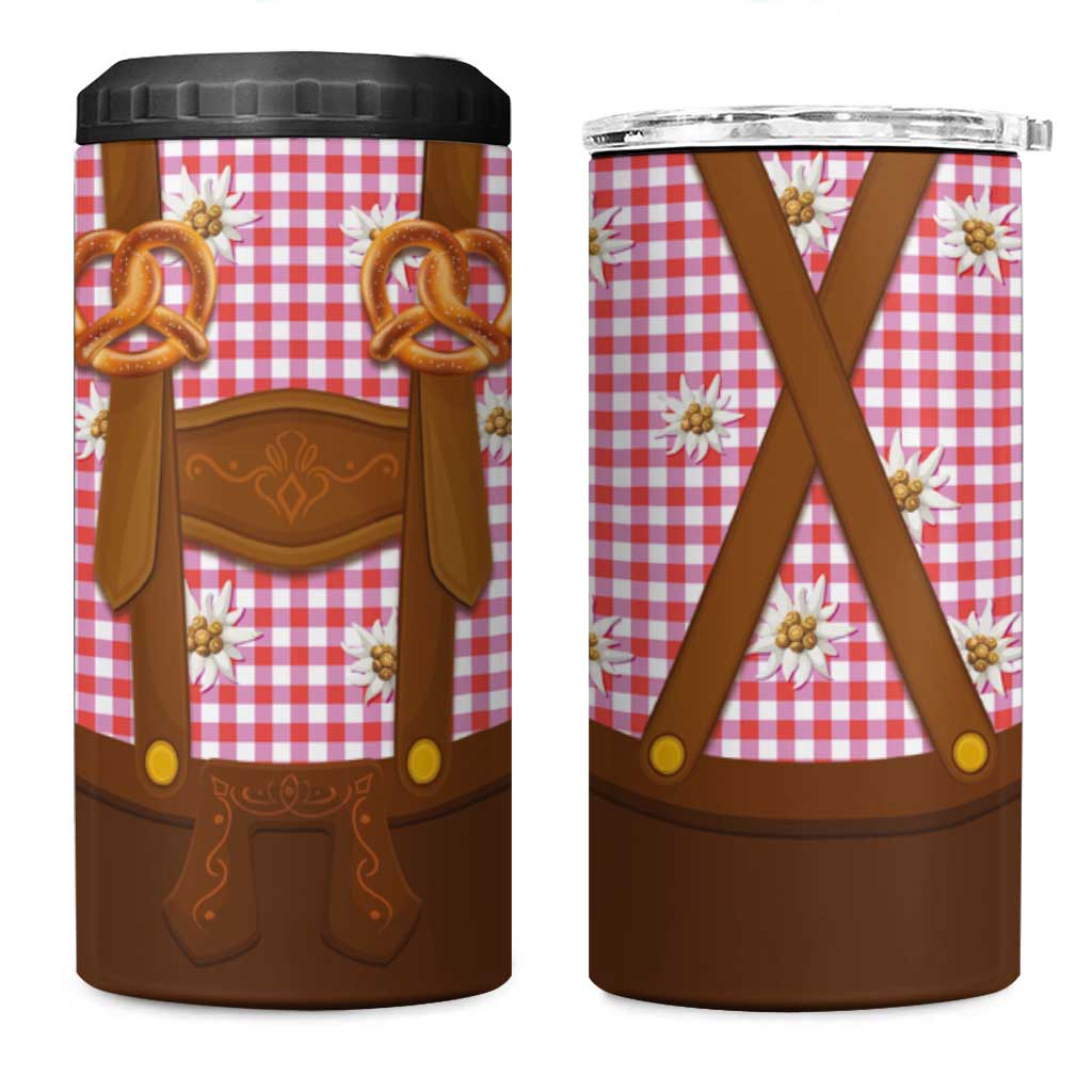 Traditional German Costume - Lederhosen and Soft Pretzel 4 in 1 Can Cooler Tumbler Blue Plaid Pattern with Edelweiss Flowers