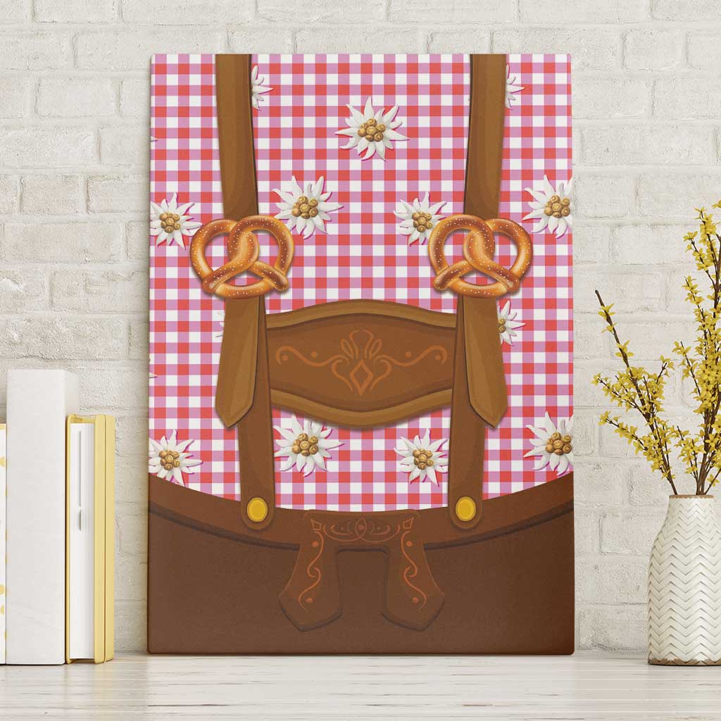 Traditional German Costume - Lederhosen and Soft Pretzel Canvas Wall Art Blue Plaid Pattern with Edelweiss Flowers