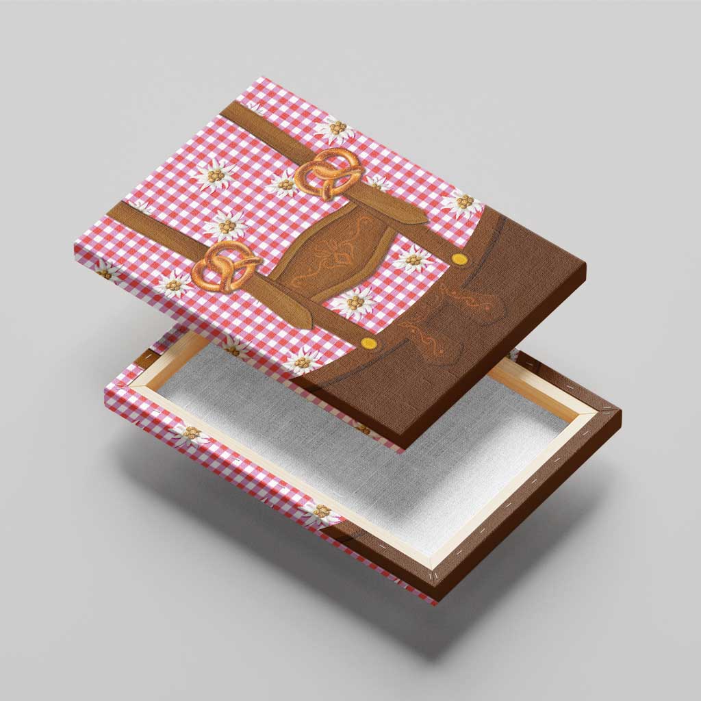 Traditional German Costume - Lederhosen and Soft Pretzel Canvas Wall Art Blue Plaid Pattern with Edelweiss Flowers