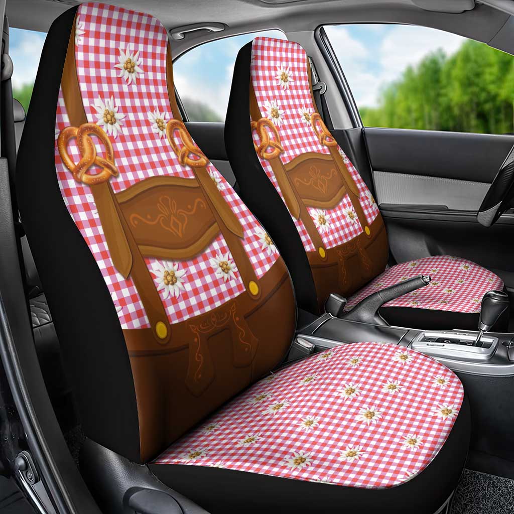 Traditional German Costume - Lederhosen and Soft Pretzel Car Seat Cover Blue Plaid Pattern with Edelweiss Flowers