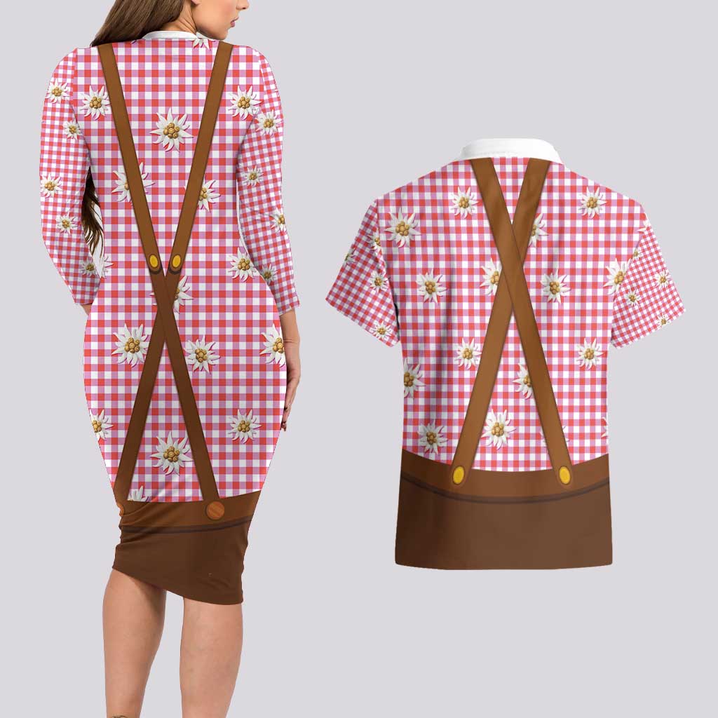 Traditional German Costume - Lederhosen and Soft Pretzel Couples Matching Long Sleeve Bodycon Dress and Hawaiian Shirt Blue Plaid Pattern with Edelweiss Flowers