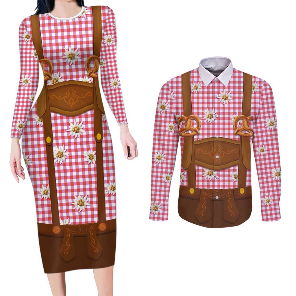 Traditional German Costume - Lederhosen and Soft Pretzel Couples Matching Long Sleeve Bodycon Dress and Long Sleeve Button Shirt Blue Plaid Pattern with Edelweiss Flowers