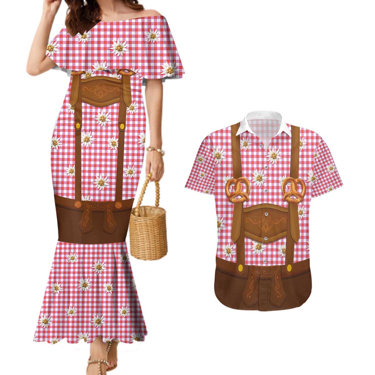 Traditional German Costume - Lederhosen and Soft Pretzel Couples Matching Mermaid Dress and Hawaiian Shirt Blue Plaid Pattern with Edelweiss Flowers
