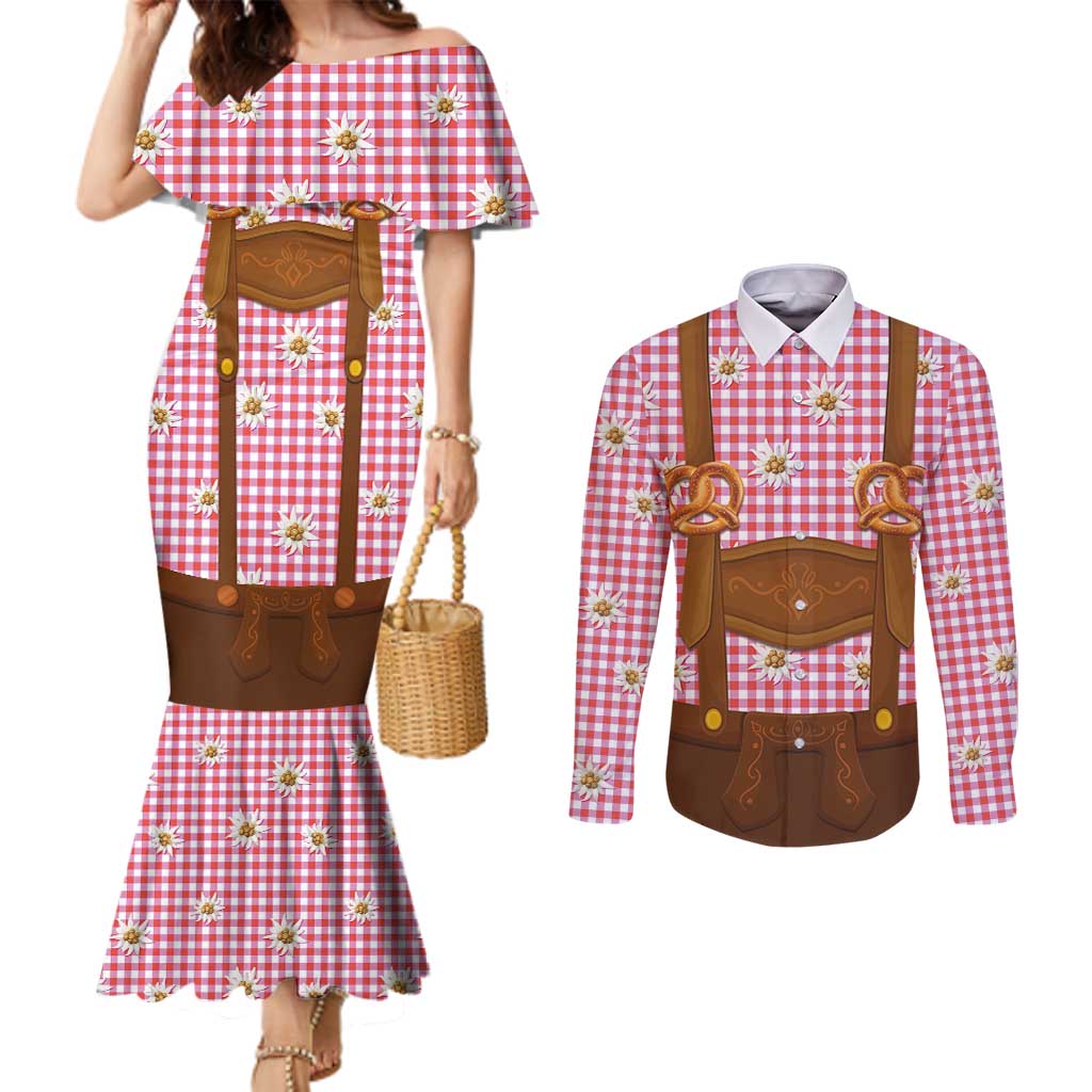 Traditional German Costume - Lederhosen and Soft Pretzel Couples Matching Mermaid Dress and Long Sleeve Button Shirt Blue Plaid Pattern with Edelweiss Flowers