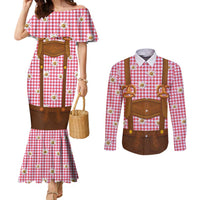 Traditional German Costume - Lederhosen and Soft Pretzel Couples Matching Mermaid Dress and Long Sleeve Button Shirt Blue Plaid Pattern with Edelweiss Flowers