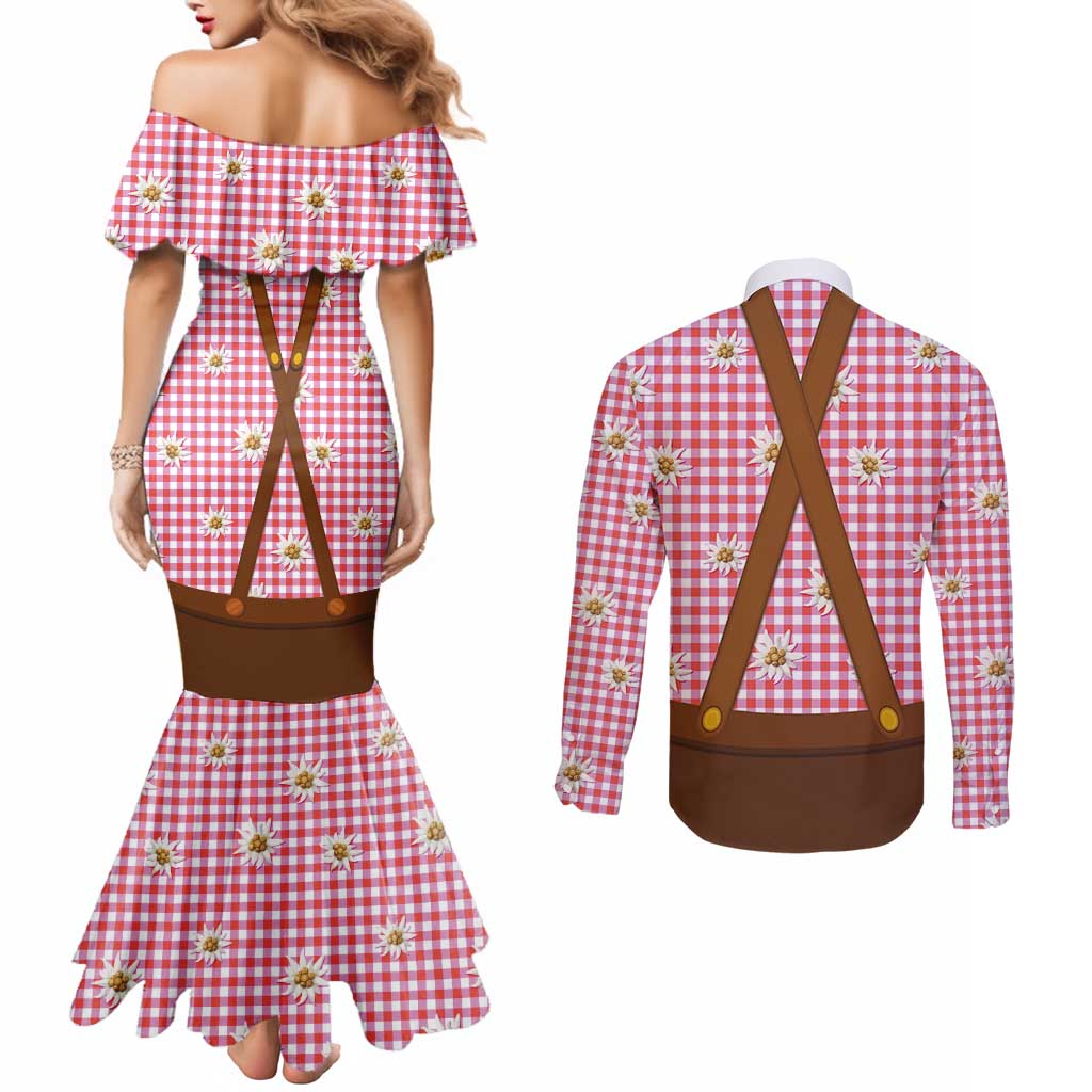 Traditional German Costume - Lederhosen and Soft Pretzel Couples Matching Mermaid Dress and Long Sleeve Button Shirt Blue Plaid Pattern with Edelweiss Flowers