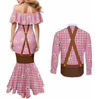 Traditional German Costume - Lederhosen and Soft Pretzel Couples Matching Mermaid Dress and Long Sleeve Button Shirt Blue Plaid Pattern with Edelweiss Flowers