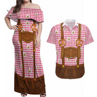 Traditional German Costume - Lederhosen and Soft Pretzel Couples Matching Off Shoulder Maxi Dress and Hawaiian Shirt Blue Plaid Pattern with Edelweiss Flowers
