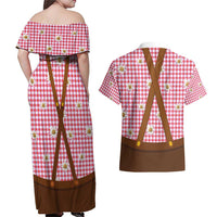 Traditional German Costume - Lederhosen and Soft Pretzel Couples Matching Off Shoulder Maxi Dress and Hawaiian Shirt Blue Plaid Pattern with Edelweiss Flowers
