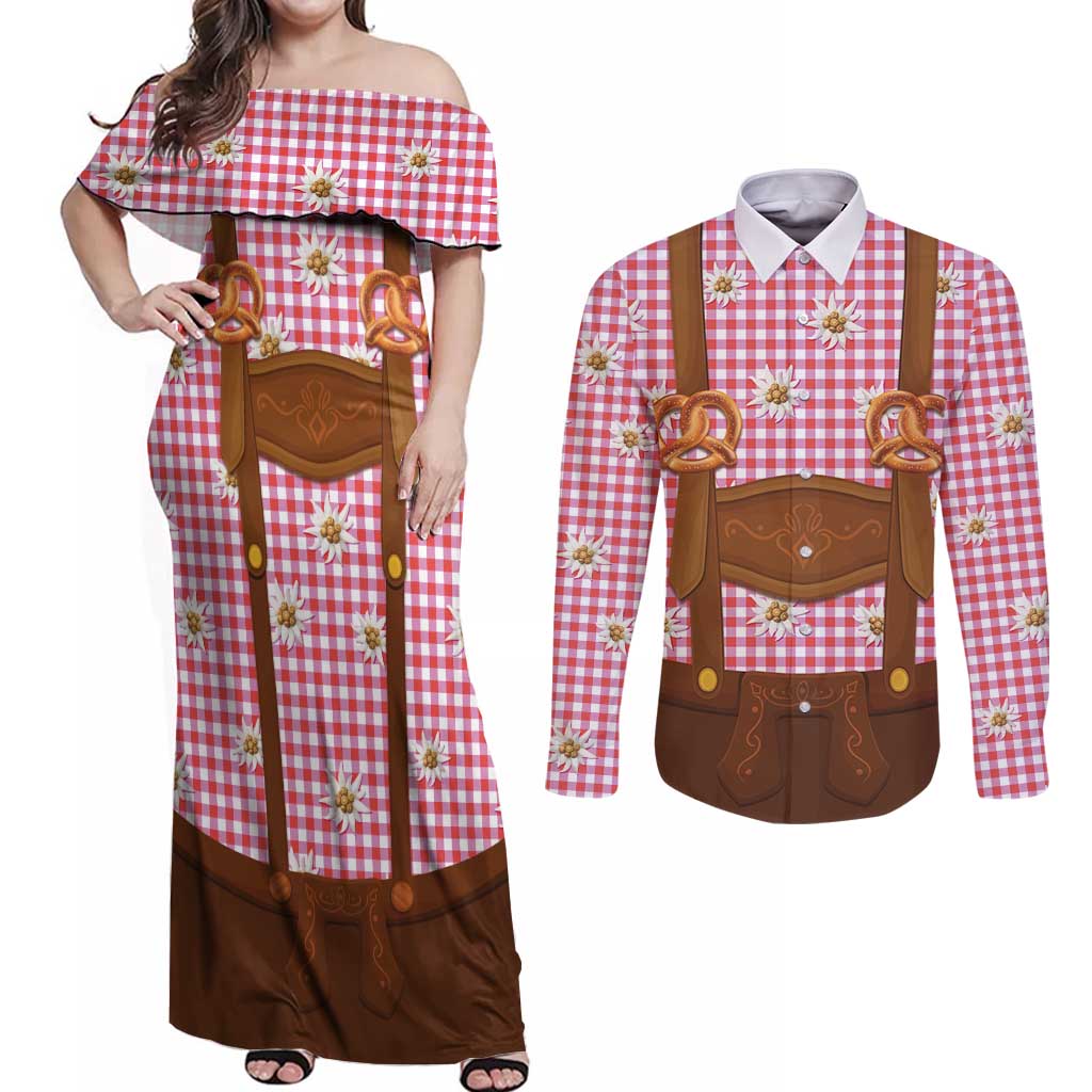 Traditional German Costume - Lederhosen and Soft Pretzel Couples Matching Off Shoulder Maxi Dress and Long Sleeve Button Shirt Blue Plaid Pattern with Edelweiss Flowers