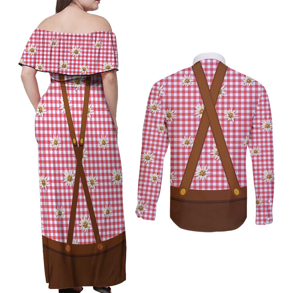 Traditional German Costume - Lederhosen and Soft Pretzel Couples Matching Off Shoulder Maxi Dress and Long Sleeve Button Shirt Blue Plaid Pattern with Edelweiss Flowers