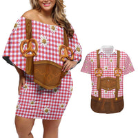 Traditional German Costume - Lederhosen and Soft Pretzel Couples Matching Off Shoulder Short Dress and Hawaiian Shirt Blue Plaid Pattern with Edelweiss Flowers