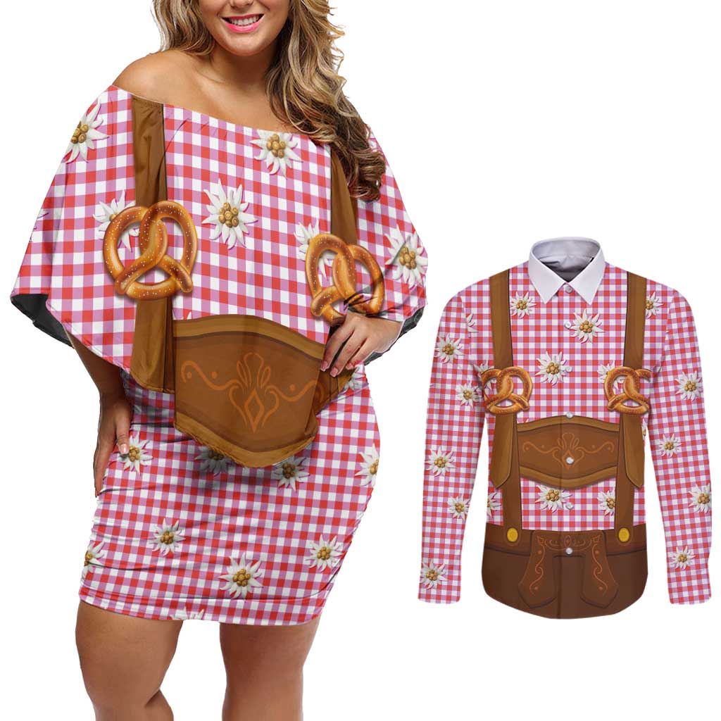 Traditional German Costume - Lederhosen and Soft Pretzel Couples Matching Off Shoulder Short Dress and Long Sleeve Button Shirt Blue Plaid Pattern with Edelweiss Flowers