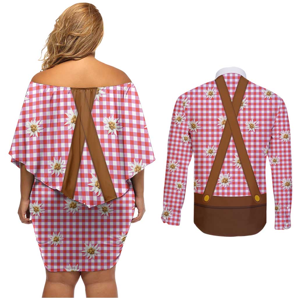 Traditional German Costume - Lederhosen and Soft Pretzel Couples Matching Off Shoulder Short Dress and Long Sleeve Button Shirt Blue Plaid Pattern with Edelweiss Flowers